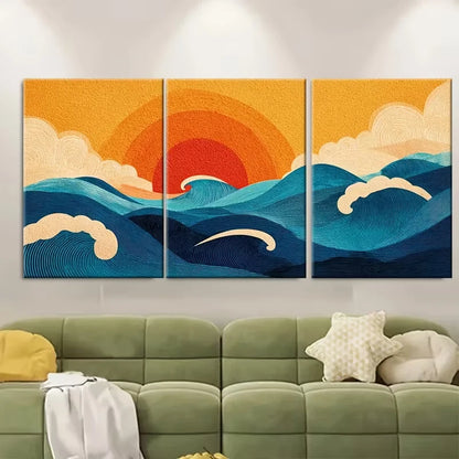 3pcs Sun Sea Waves Tan Metal Print Ready to Hang Art