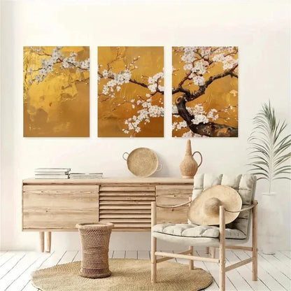 3pcs Japanese Cherry Blossom Golden Perfect Wall Art Set Canvas Framed 60x90cm - High Quality Print 100% Australian Made Wall Canvas Ready to Hang