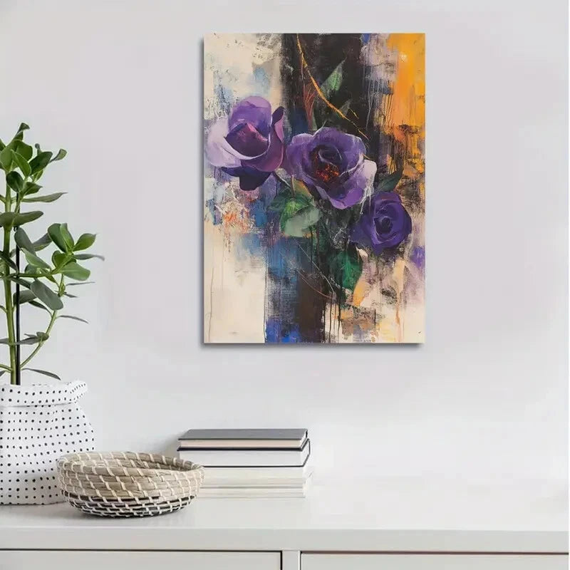 Vibrant Purple Roses & Orange Accents Painting 40x60cm Metal Print Ready to Hang - Bella Home Decor