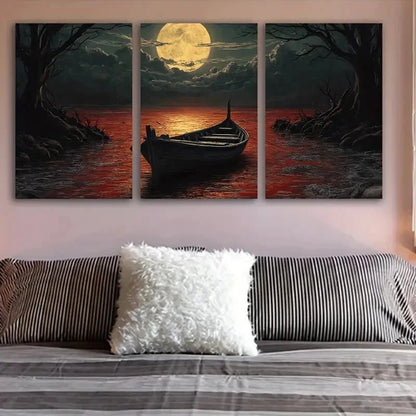 3pcs Moonlit River Scene Wall Art Set Canvas Framed 40x60cm - High Quality Print 100% Australian Made Wall Canvas Ready to Hang