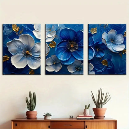 3pcs Abstract Blue And White Floral Designs Metal Print Ready to Hang Art - Bella Home Decor