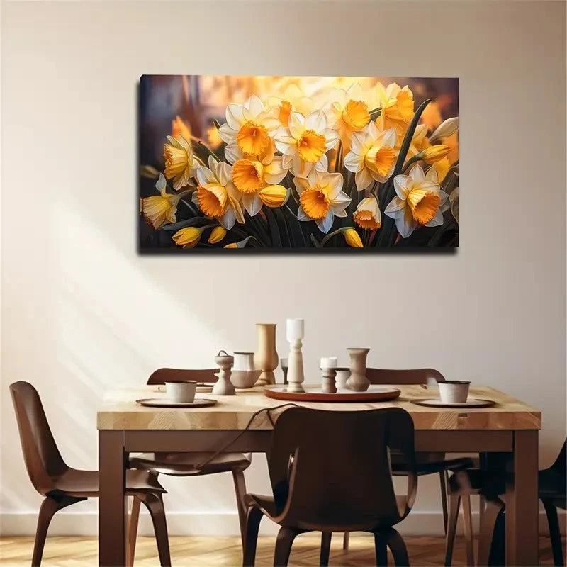 Yellow & Golden Floral Wall Art Canvas Office Home Room Framed 120x60cm