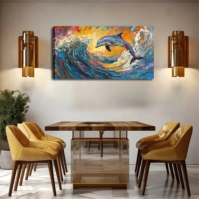 Vibrant Dolphin Leaping Waves Wall Art Canvas Office Home Room Framed 120x60cm - Bella Home Decor