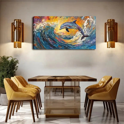 Vibrant Dolphin Leaping Waves Wall Art Canvas Office Home Room Framed 120x60cm - Bella Home Decor