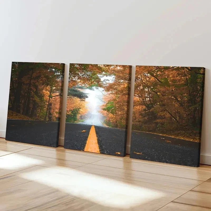 3pcs Natural Modern Trees with Road Wall Art Set Canvas Framed 50x70cm - High Quality Print 100% Australian Made Wall Canvas Ready to Hang