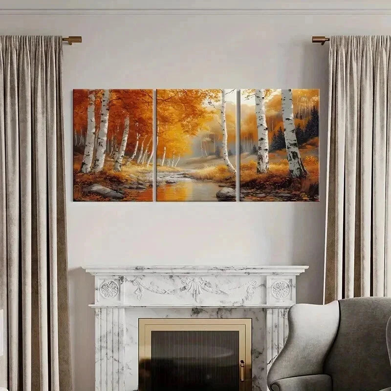 3pcs Autumn Birch Trees Golden Leaves Wall Art Set Canvas Framed 60x90cm - High Quality Print 100% Australian Made Wall Canvas Ready to Hang - Bella Home Decor