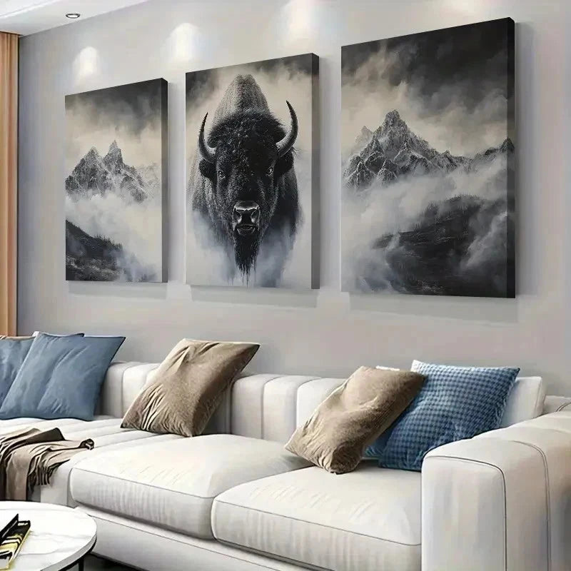 3pcs Majestic Bison And Mountains Wall Art Set Canvas Framed 50x70cm - High Quality Print 100% Australian Made Wall Canvas Ready to Hang