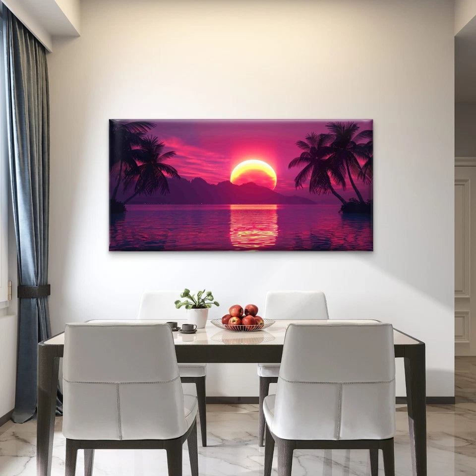 Sunset Water With Two Palm Tree Wall Art Canvas Office Home Room Framed 120x60cm