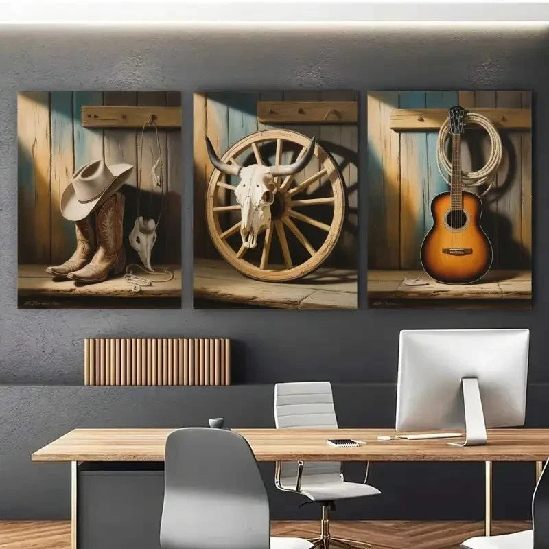 3pcs Western Cowboy Theme Wall Art Set Canvas Framed 60x90cm - High Quality Print 100% Australian Made Wall Canvas Ready to Hang