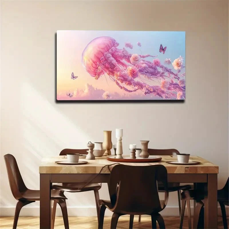 Pink Jellyfish & Butterflies Wall Art Canvas Office Home Room Framed 120x60cm