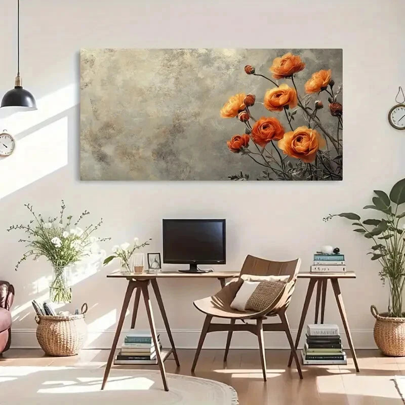 Orange Bouquet Floral Décor Wall Art Canvas Office Home Room Framed 120x60cm - Bella Home Decor