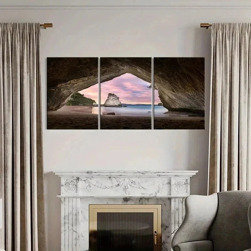 3pcs Seaside Cave Sea Sunset Modern Wall Art Set Canvas Framed 50x70cm - High Quality Print 100% Australian Made Wall Canvas Ready to Hang - Bella Home Decor