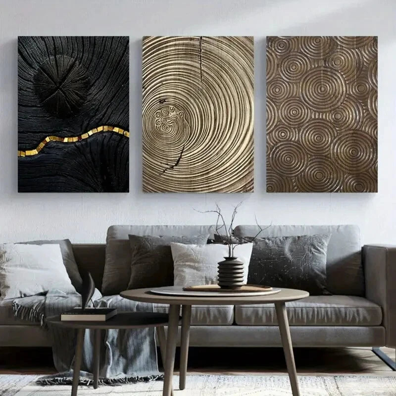 3pcs Abstract Retro Black Golden Metal Print Ready to Hang Art