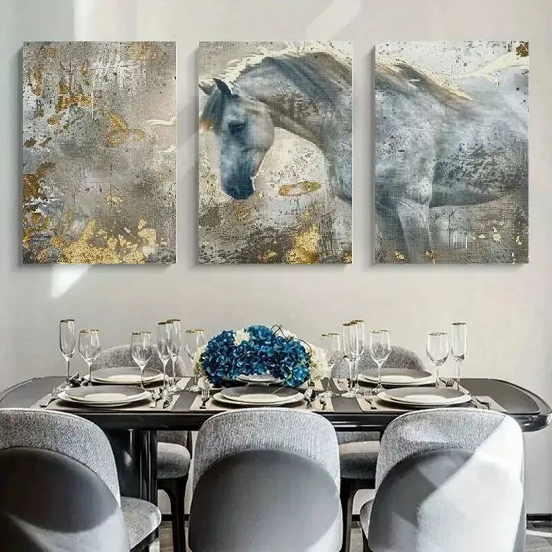 3pcs White Horse Abstract Painting Canvas Framed 40x60cm - High Quality Print 100% Australian Made Wall Canvas Ready to Hang - Bella Home Decor