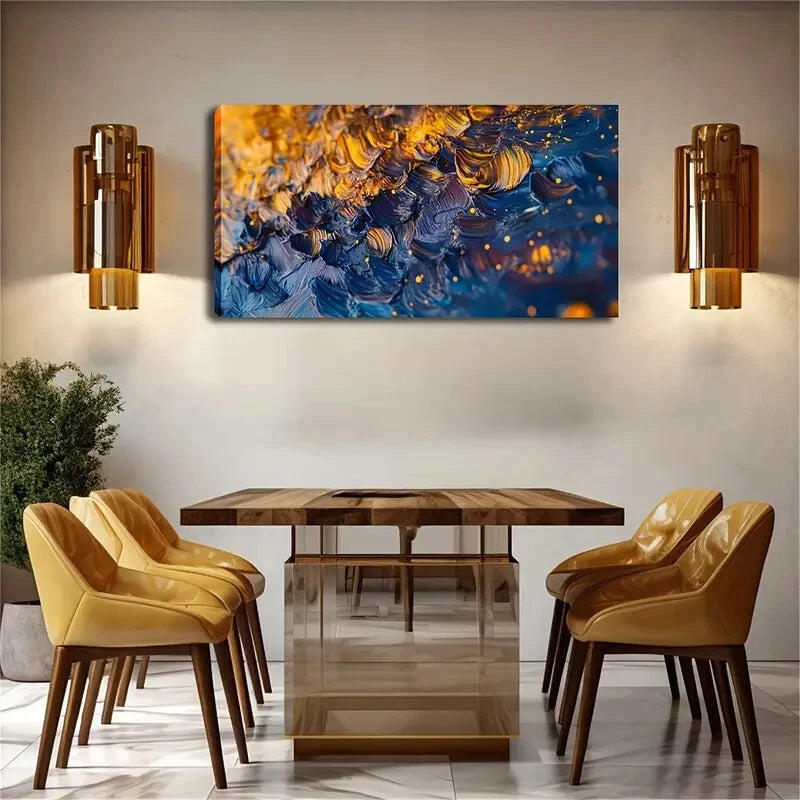 Thick Brushstrokes Blue Golden Wall Art Canvas Office Home Room Framed 120x60cm - Bella Home Decor