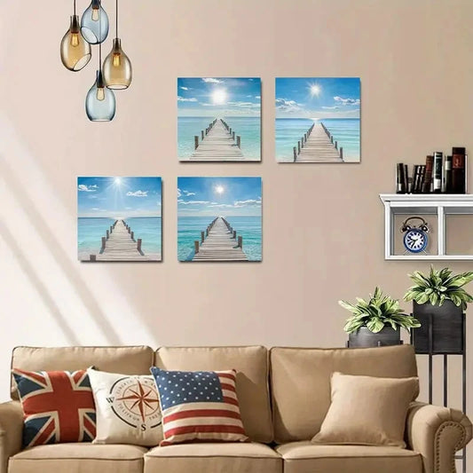 4pcs  Beach Pier & Ocean View Paintings Wall Art Canvas Framed