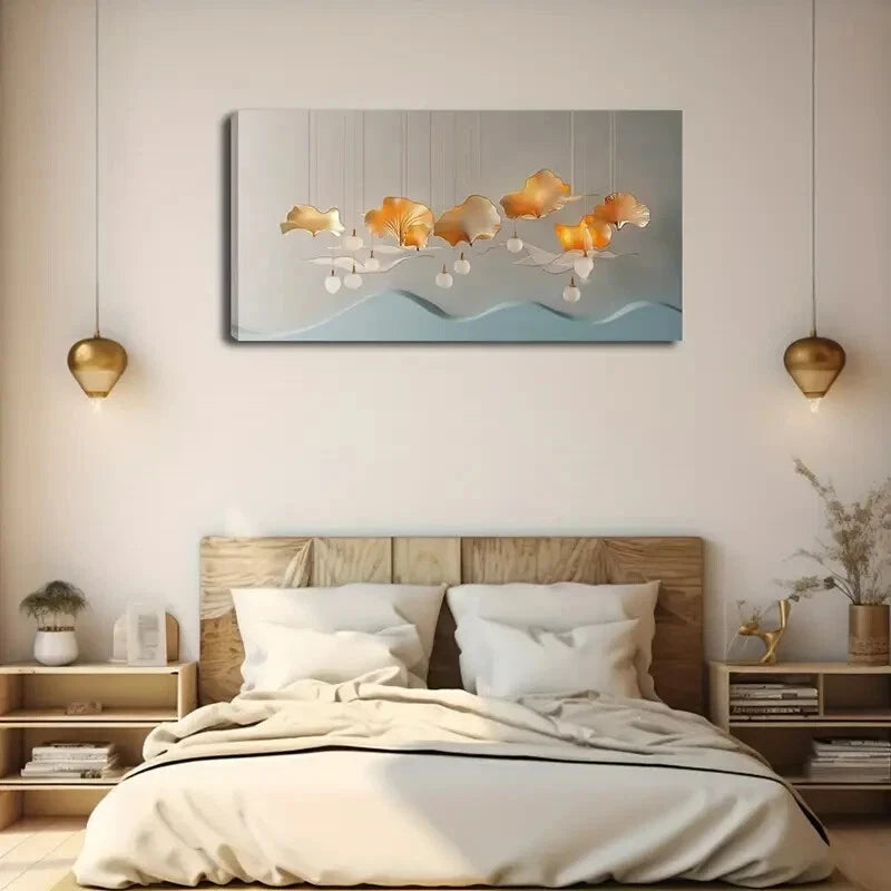 Golden Ginkgo Leaves White Wall Art Canvas Office Home Room Framed 120x60cm - Bella Home Decor