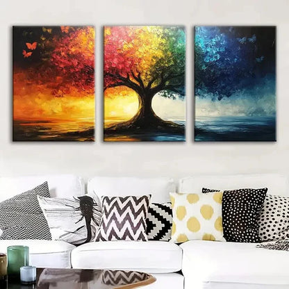 3pcs Oil Painted Tree Modern Sky Blue & Gold Red Wall Art Set Canvas Unframed - High Quality Print 100% Australian Made Wall Canvas