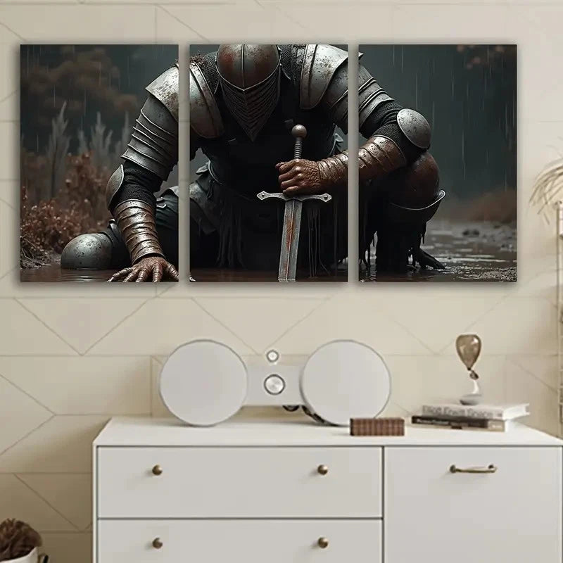 3pcs Medieval Knight In Armor With Sword Wall Art Set Canvas Framed 50x70cm - High Quality Print 100% Australian Made Wall Canvas Ready to Hang