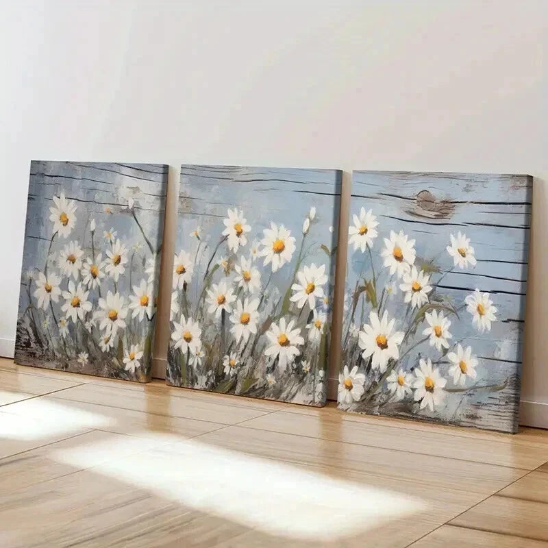 3pcs Blue Background with White & Yellow Petals Wall Art Set Canvas Framed 40x60cm - High Quality Print 100% Australian Made Wall Canvas Ready to Hang - Bella Home Decor