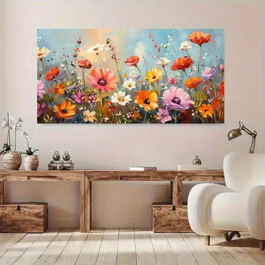 Vibrant Flower Field Colorful Wall Art Canvas Office Home Room Framed 120x60cm