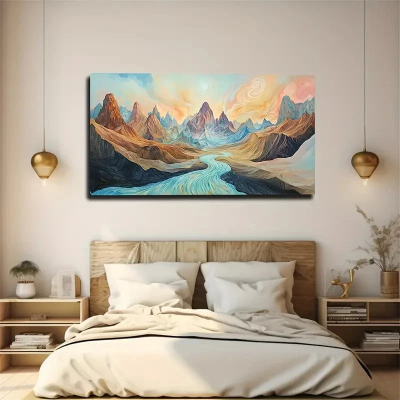 Abstract River Mountain Nature Wall Art Canvas Office Home Room Framed 120x60cm