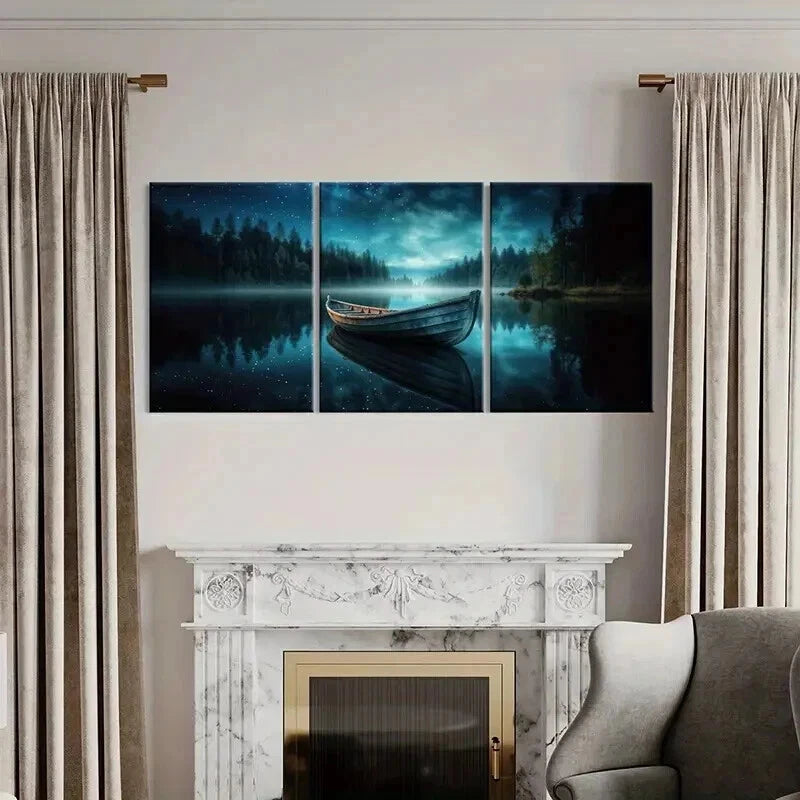 3pcs Tranquil Lake Starry Night Wooden Boat Wall Art Set Canvas Framed 50x70cm - High Quality Print 100% Australian Made Wall Canvas Ready to Hang - Bella Home Decor