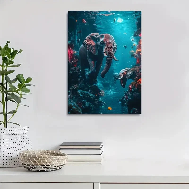 Cyberpunk Elephant Underwater Scene Painting 40x60cm Metal Print Ready to Hang - Bella Home Decor