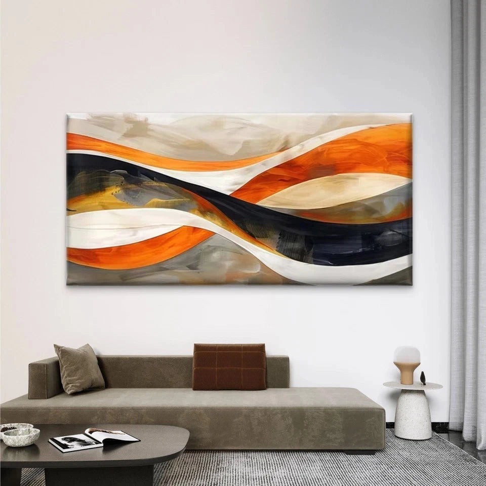 Abstract Beige & Orange Wave Wall Art Canvas Office Home Room Framed 120x60cm