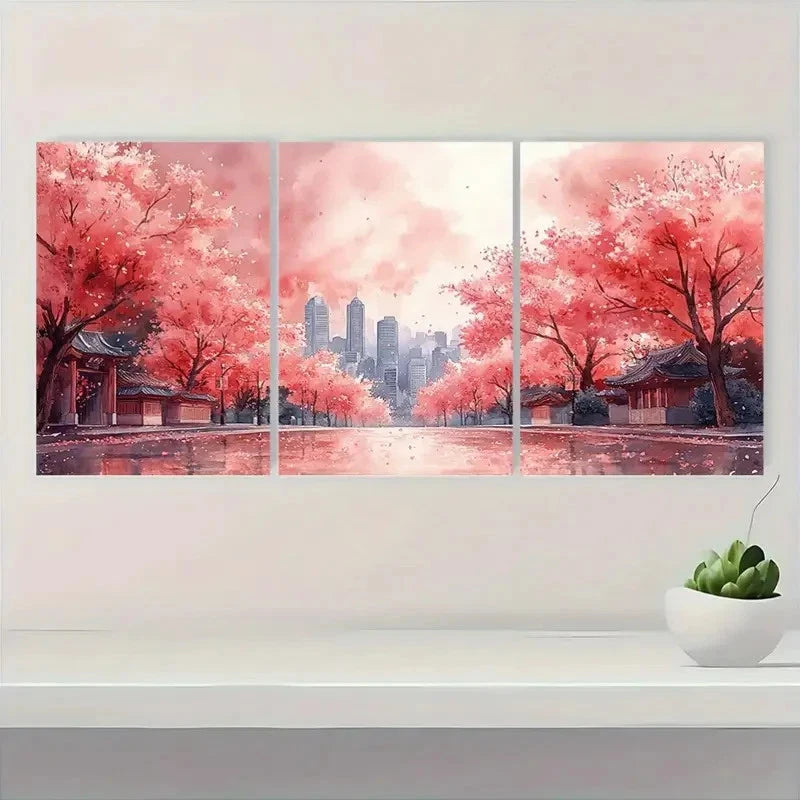 3pcs  Sakura Cityscape  Cherry Blossom CB     Wall Art Set Canvas Framed 40x60cm - High Quality Print 100% Australian Made Wall Canvas Ready to Hang - Bella Home Decor