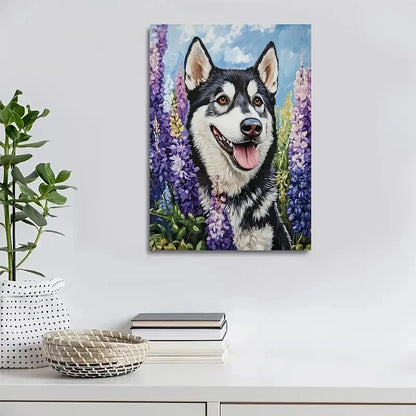 Siberian Husky Dog Among Flowers And Plants 40x60cm Metal Print Ready to Hang