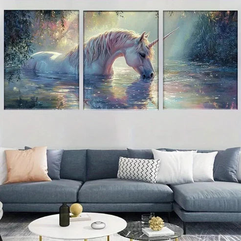 3pcs Mystical Unicorn Enchanted Fantasy Forest Wall Art Set Canvas Framed 60x90cm - High Quality Print 100% Australian Made Wall Canvas Ready to Hang