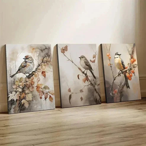 3pcs Cartoon Autumn Birds Deco Classic Wall Art Set Canvas Unframed - High Quality Print 100% Australian Made Wall Canvas - Bella Home Decor