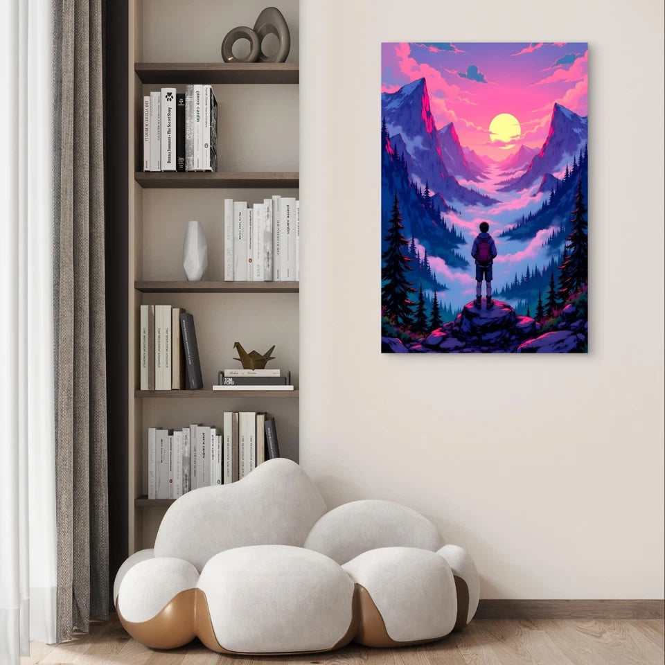 Vibrant Retro Mountain Hiker Illustration 40x60cm Metal Print Ready to Hang