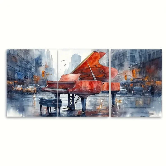 3pcs City Streets Watercolour Piano Art Wall Art Set Canvas Framed 60x90cm - High Quality Print 100% Australian Made Wall Canvas Ready to Hang