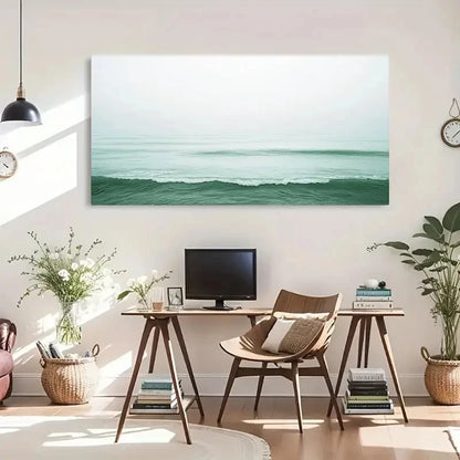 Tranquil Foggy Seascape Green Wall Art Canvas Office Home Room Framed 120x60cm - Bella Home Decor