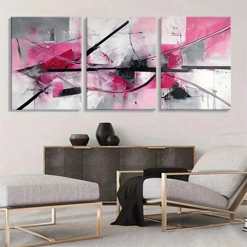 3pcs Abstract Geometric Pink & Black Perfect Wall Art Set Canvas Framed 50x70cm - High Quality Print 100% Australian Made Wall Canvas Ready to Hang