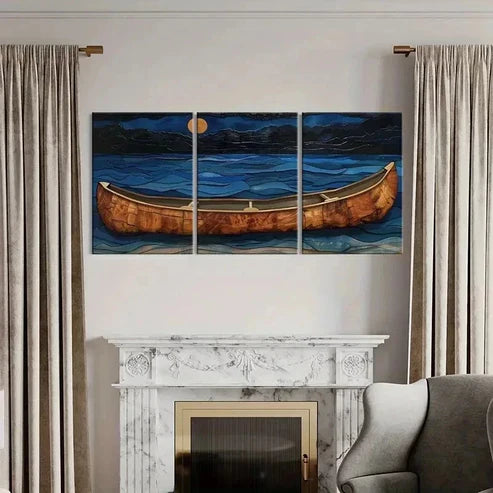 3pcs Vintage Moonlit Canoe & Ocean Waves Wall Art Canvas Unframed - High Quality Print 100% Australian Made Wall Canvas