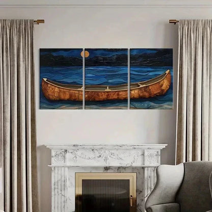 3pcs Vintage Moonlit Canoe & Ocean Waves Wall Art Canvas Unframed - High Quality Print 100% Australian Made Wall Canvas