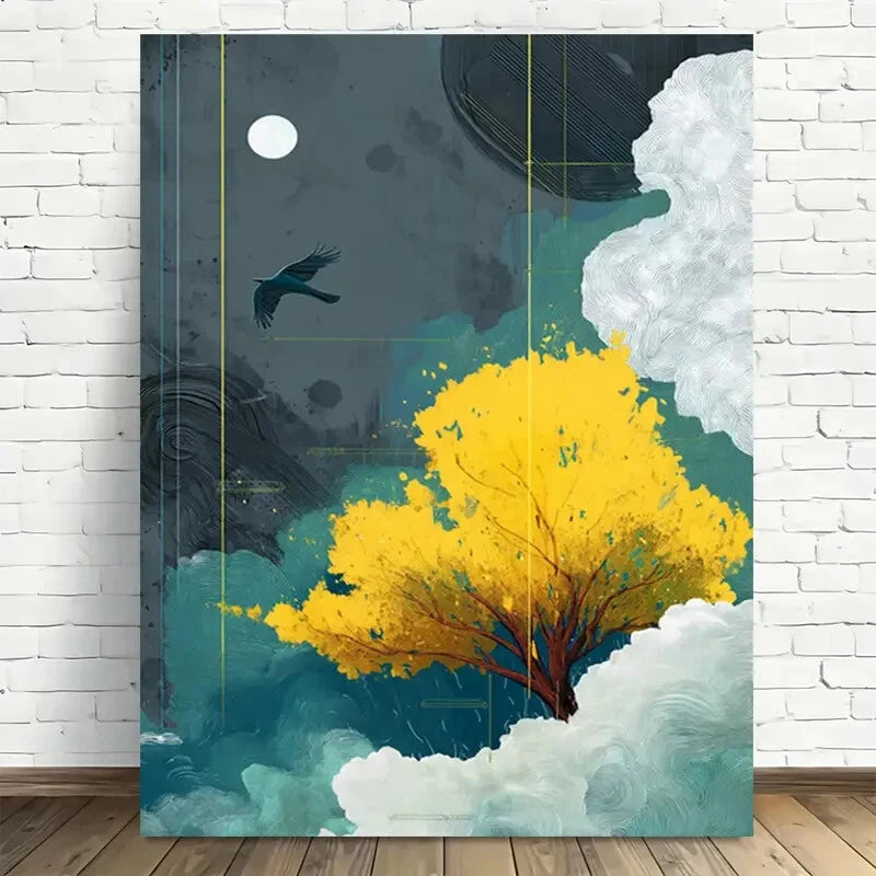 Beautiful Whimsical Golden Tree In The Sky Painting 40x60cm Metal Print Ready to Hang - Bella Home Decor
