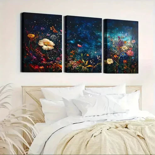 3pcs Modern Aesthetic Starry Sky Floral Night Canvas Unframed - High Quality Print 100% Australian Made Wall Canvas