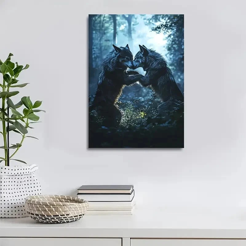 Wolf Wrestling in Magical Forest Painting 40x60cm Metal Print Ready to Hang - Bella Home Decor