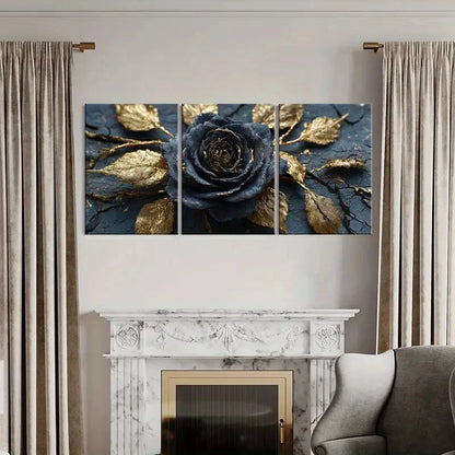 3pcs Black Rose Golden Leaves Art   Wall Art Set Canvas Framed 50x70cm - High Quality Print 100% Australian Made Wall Canvas Ready to Hang - Bella Home Decor