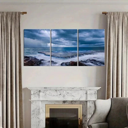 3pcs Seascape and Lightning Clouds Wall Art Set Canvas Framed 50x70cm - High Quality Print 100% Australian Made Wall Canvas Ready to Hang