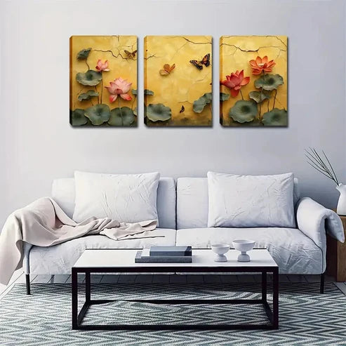 3pcs Lotus Flowers with Water and Butterflies Wall Art Set Canvas Unframed - High Quality Print 100% Australian Made Wall Canvas  Wall Art Set Canvas Unframed - High Quality Print 100% Australian Made Wall Canvas