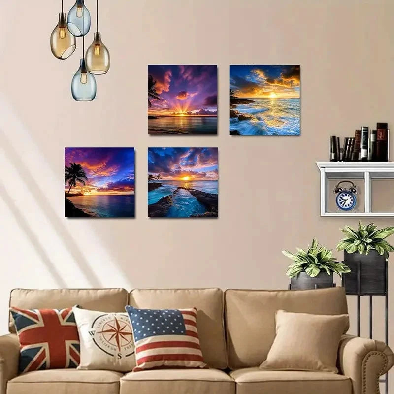 4pcs Seascape Sunset Coconut Tree theme Wall Art Canvas Framed