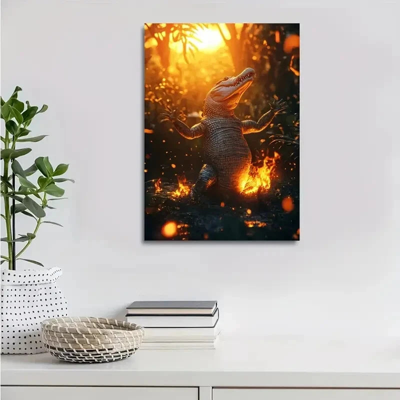 Whimsical Dancing Crocodile In Magical Painting 40x60cm Metal Print Ready to Hang - Bella Home Decor