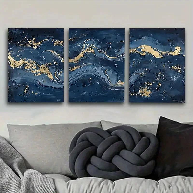3pcs Dark Blue and Golden Abstract Wall Art Set Canvas Framed 60x90cm - High Quality Print 100% Australian Made Wall Canvas Ready to Hang - Bella Home Decor