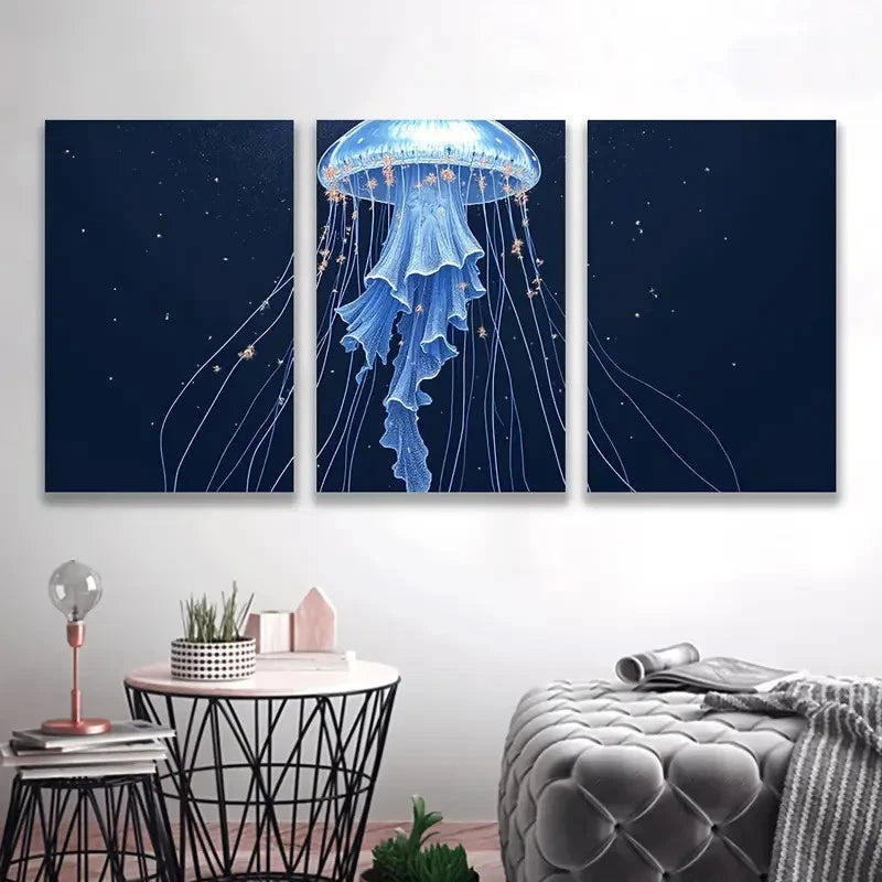 3pcs Blue Sea Nettle Jellyfish Triptych Wall Art Set Canvas Framed 60x90cm - High Quality Print 100% Australian Made Wall Canvas Ready to Hang - Bella Home Decor