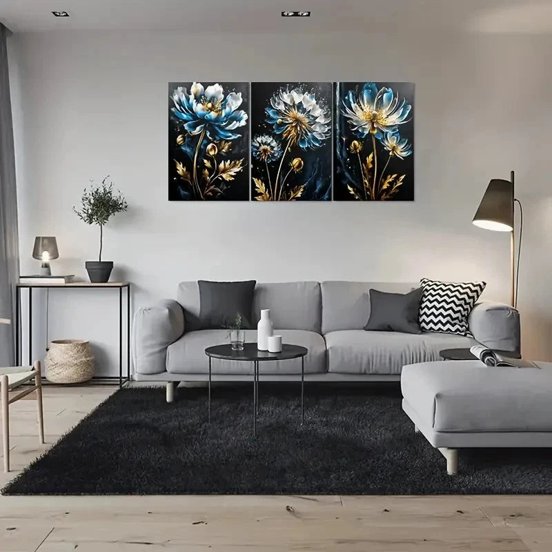 3pcs Blue and Golden Flowers Wall Art Set Canvas Framed 40x60cm - High Quality Print 100% Australian Made Wall Canvas Ready to Hang - Bella Home Decor